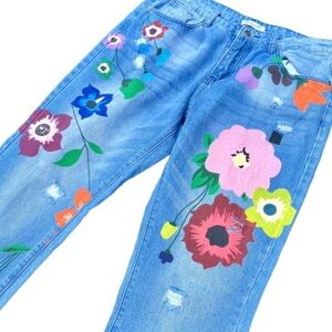 Miss Look Womens Denim Painted Flower Jeans Large (F)